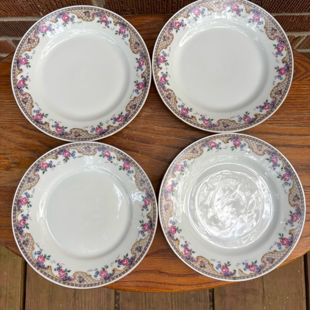 Vtg Victoria Czecho-slovakia dessert  plates Pink Roses and gold basket. 4 pc